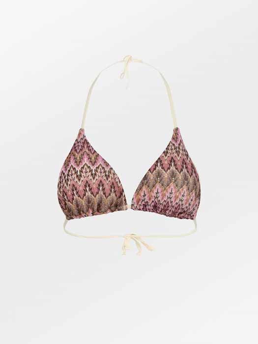 Haut de maillot de bain imprimé ethnique rose et marron de Becksöndergaard, disponible chez Moi d'Abord à Divonne-les-Bains.